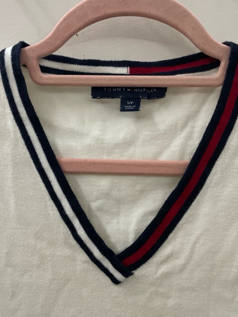 Tommy Hilfiger Cream V-Neck Sweater with Navy & Red Trim